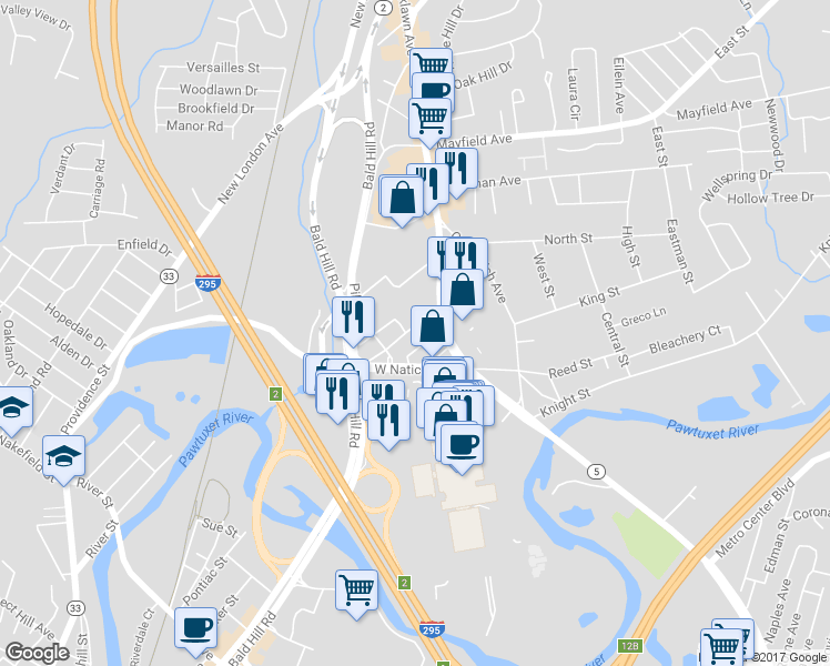 map of restaurants, bars, coffee shops, grocery stores, and more near 100 Greble Street in Warwick