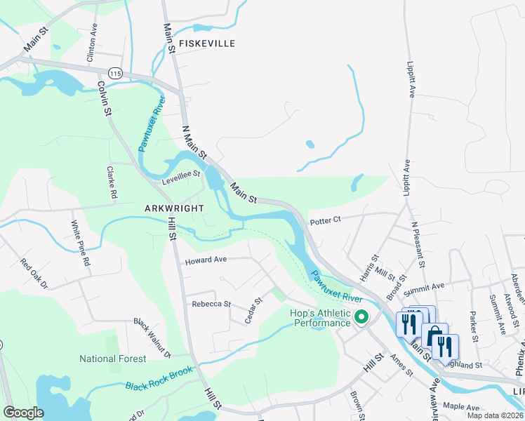 map of restaurants, bars, coffee shops, grocery stores, and more near 291 Main Street in Coventry