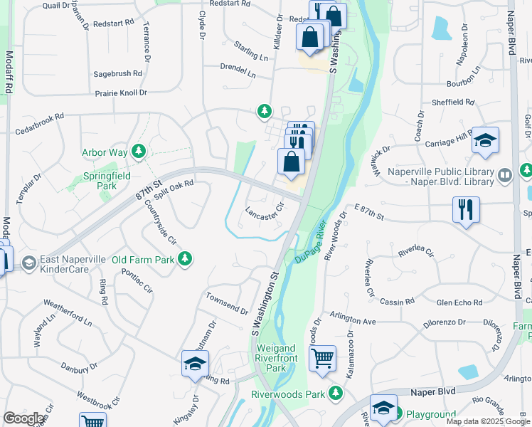 map of restaurants, bars, coffee shops, grocery stores, and more near 2121 Lancaster Circle in Naperville