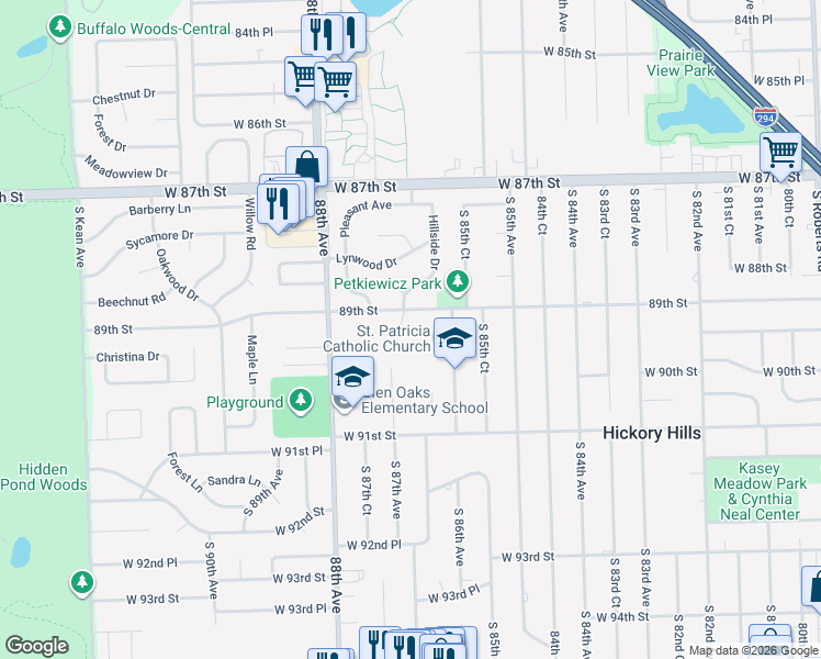 map of restaurants, bars, coffee shops, grocery stores, and more near 8921 Emerald Court in Hickory Hills