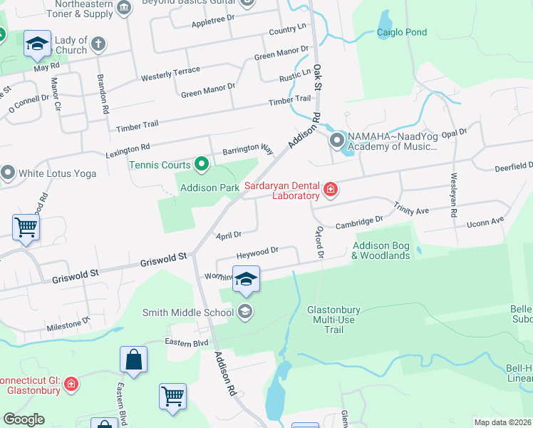 map of restaurants, bars, coffee shops, grocery stores, and more near 84 April Drive in Glastonbury