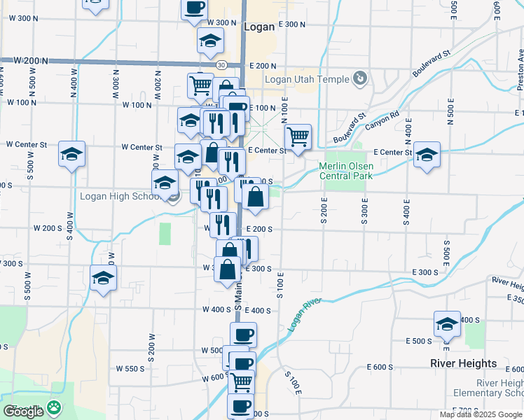 map of restaurants, bars, coffee shops, grocery stores, and more near 150 South Main Street in Logan
