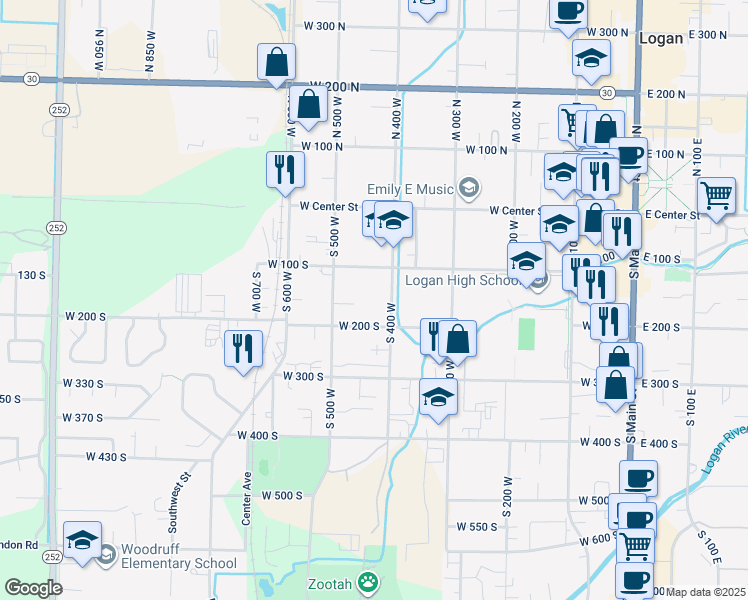 map of restaurants, bars, coffee shops, grocery stores, and more near 169 North 400 West in Logan