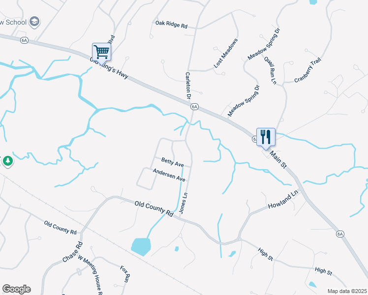 map of restaurants, bars, coffee shops, grocery stores, and more near 39 Jones Lane in Sandwich