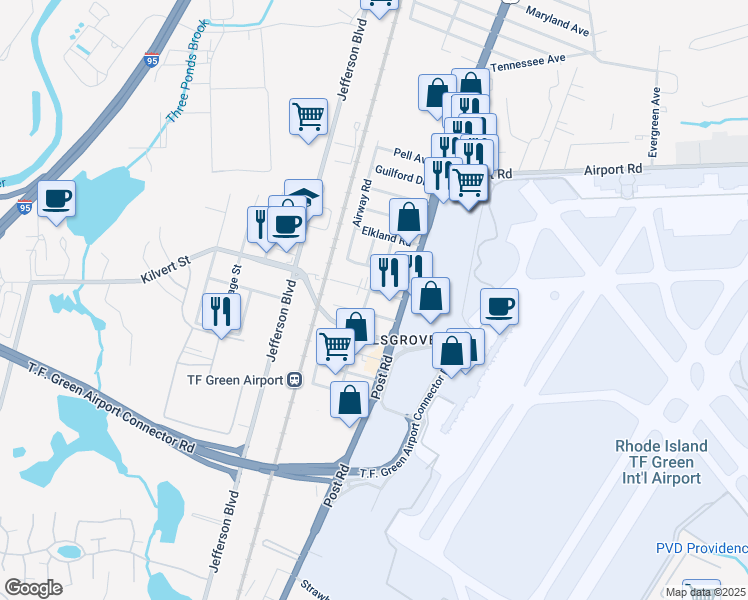 map of restaurants, bars, coffee shops, grocery stores, and more near 24 Kilvert Street in Warwick