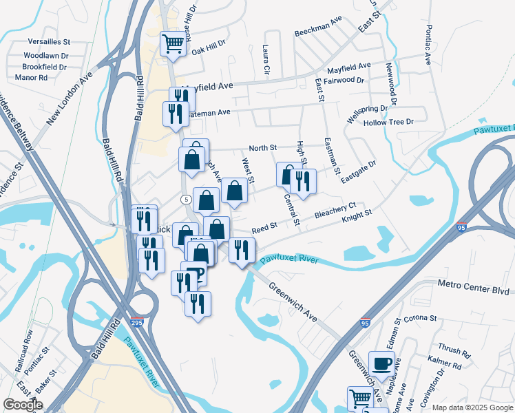 map of restaurants, bars, coffee shops, grocery stores, and more near 146 King Street in Warwick