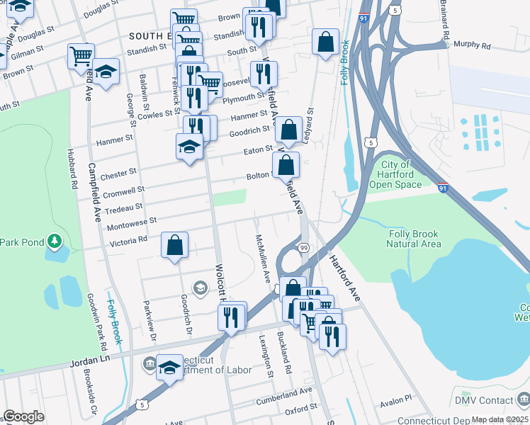 map of restaurants, bars, coffee shops, grocery stores, and more near 44 Victoria Road in Hartford