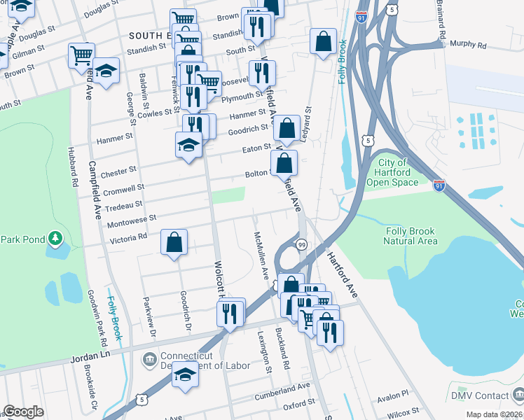 map of restaurants, bars, coffee shops, grocery stores, and more near 44 Victoria Road in Hartford