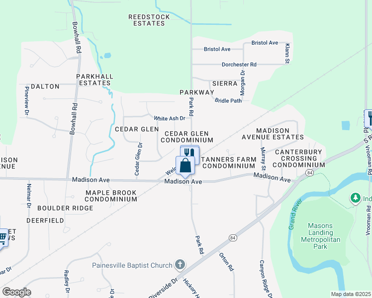 map of restaurants, bars, coffee shops, grocery stores, and more near 65 Park Road in Painesville