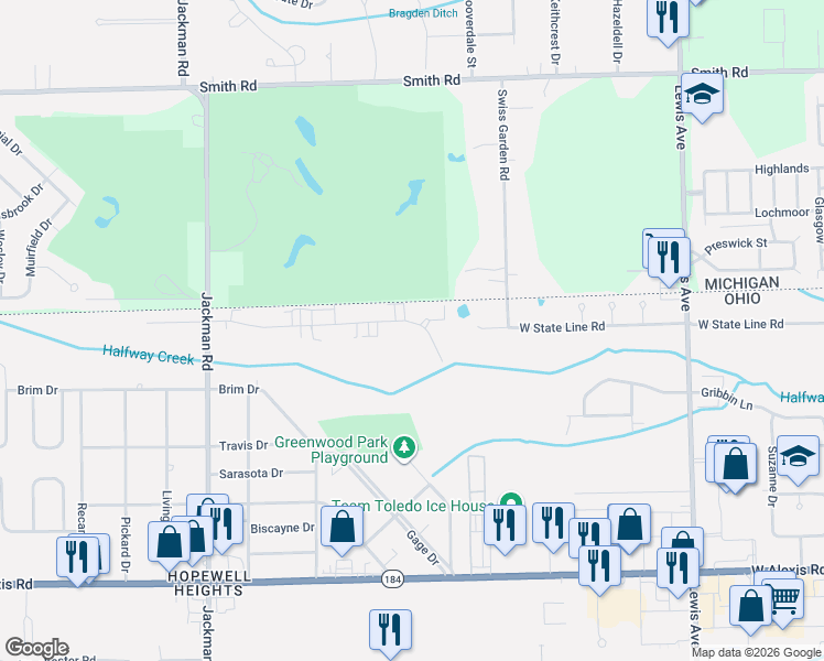 map of restaurants, bars, coffee shops, grocery stores, and more near 1333 Brooke Park Drive in Toledo