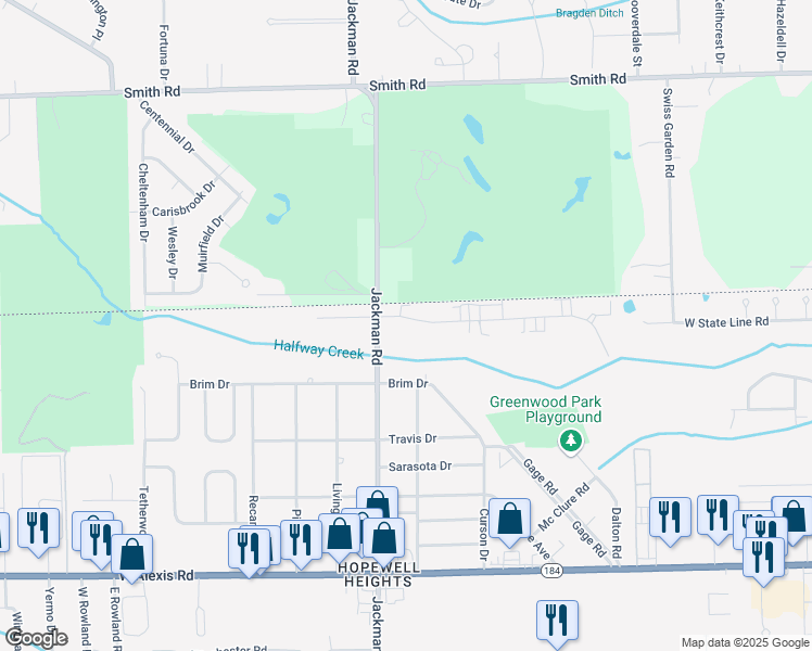 map of restaurants, bars, coffee shops, grocery stores, and more near 1621 Brooke Park Drive in Toledo