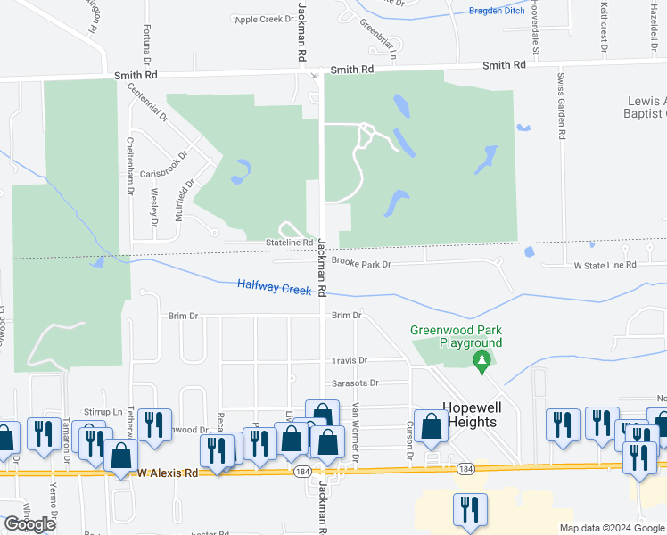 map of restaurants, bars, coffee shops, grocery stores, and more near 1621 Brooke Park Drive in Toledo