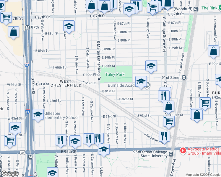 map of restaurants, bars, coffee shops, grocery stores, and more near 456 East 91st Place in Chicago
