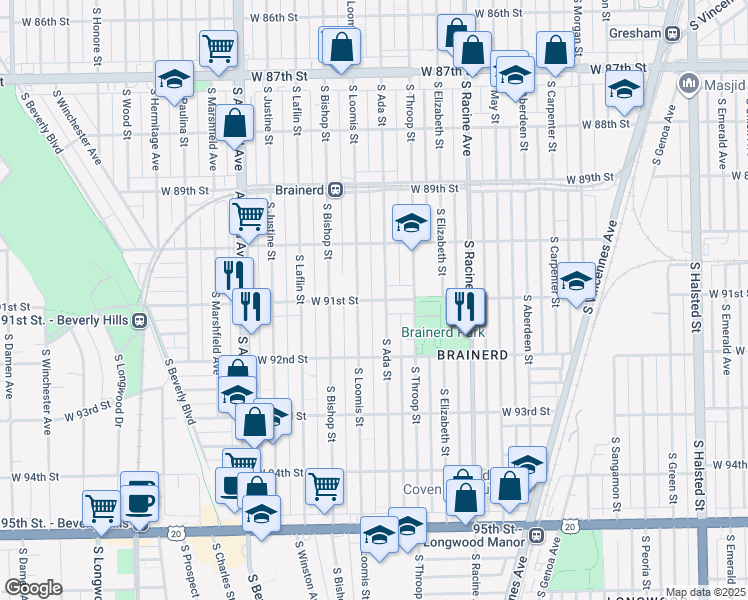 map of restaurants, bars, coffee shops, grocery stores, and more near 9100 South Ada Street in Chicago
