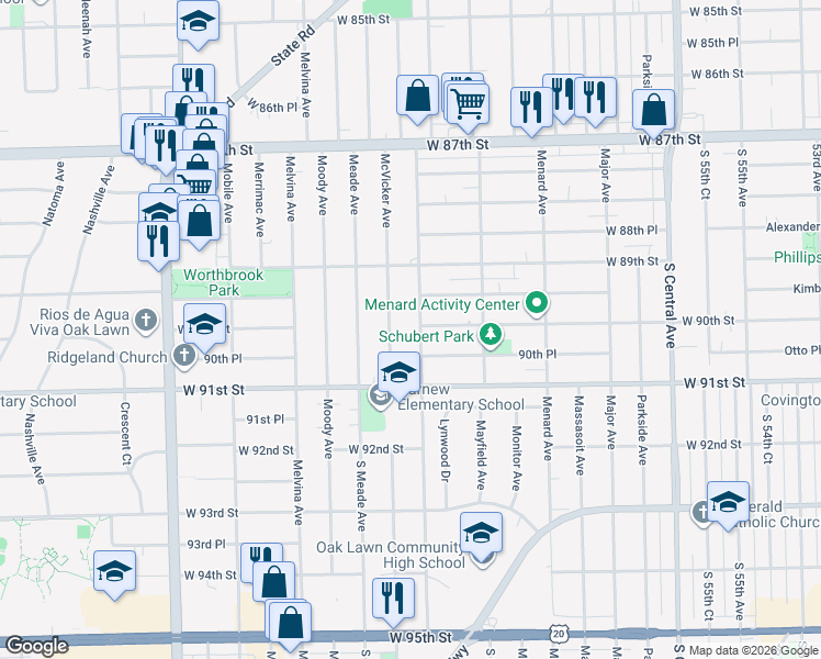 map of restaurants, bars, coffee shops, grocery stores, and more near 9006 Austin Avenue in Oak Lawn