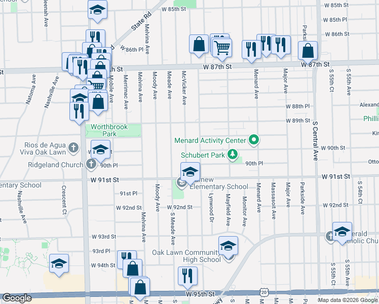 map of restaurants, bars, coffee shops, grocery stores, and more near 9006 Austin Avenue in Oak Lawn