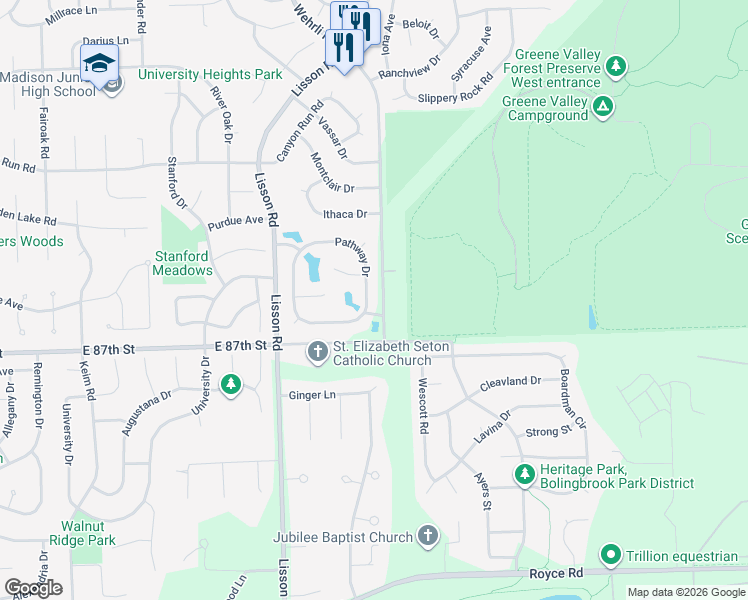 map of restaurants, bars, coffee shops, grocery stores, and more near 1659 Pathway Drive in Naperville