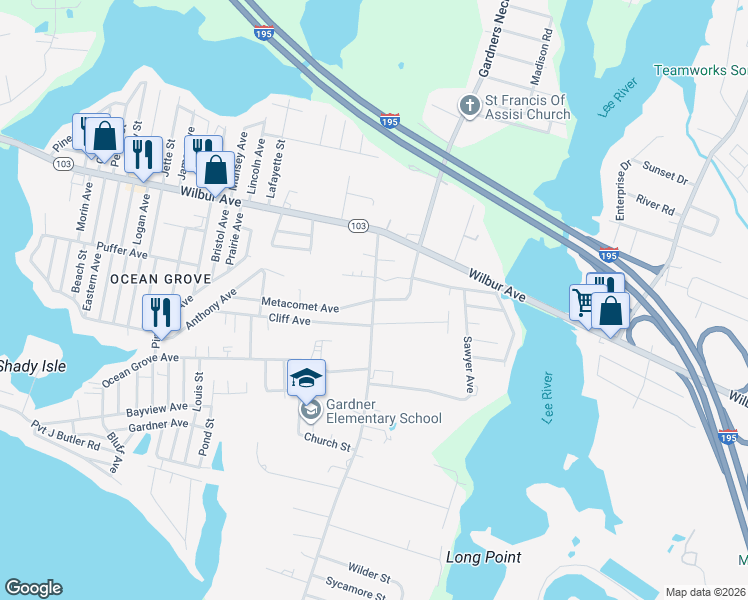 map of restaurants, bars, coffee shops, grocery stores, and more near Gardners Neck Road in Swansea