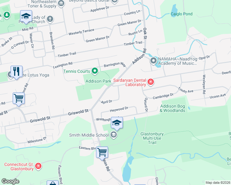 map of restaurants, bars, coffee shops, grocery stores, and more near 84 April Drive in Glastonbury