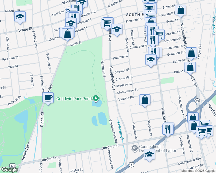 map of restaurants, bars, coffee shops, grocery stores, and more near 437 Campfield Avenue in Hartford