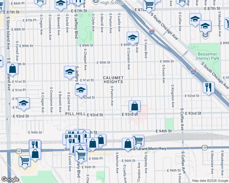 map of restaurants, bars, coffee shops, grocery stores, and more near 9142 South Luella Avenue in Chicago
