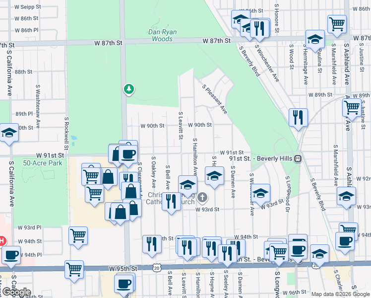 map of restaurants, bars, coffee shops, grocery stores, and more near 9058 South Hamilton Avenue in Chicago