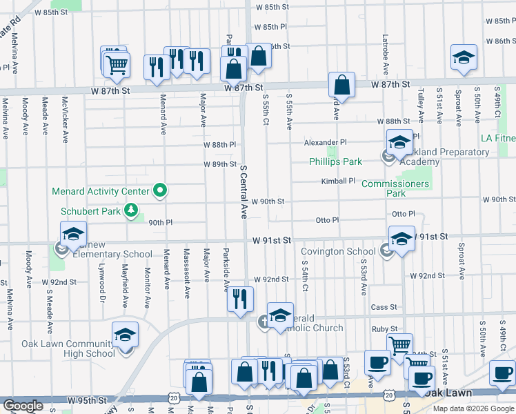 map of restaurants, bars, coffee shops, grocery stores, and more near 9007 South Central Avenue in Oak Lawn