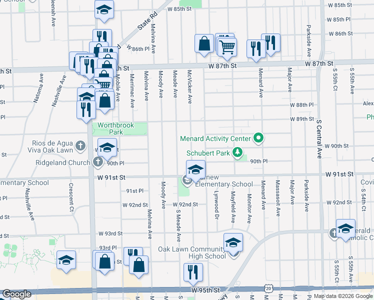 map of restaurants, bars, coffee shops, grocery stores, and more near 9007 Meade Avenue in Oak Lawn
