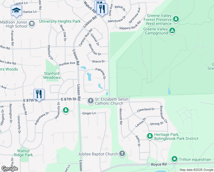 map of restaurants, bars, coffee shops, grocery stores, and more near 1659 Pathway Drive in Naperville
