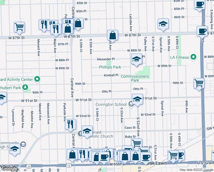 map of restaurants, bars, coffee shops, grocery stores, and more near 5377 West 90th Street in Oak Lawn