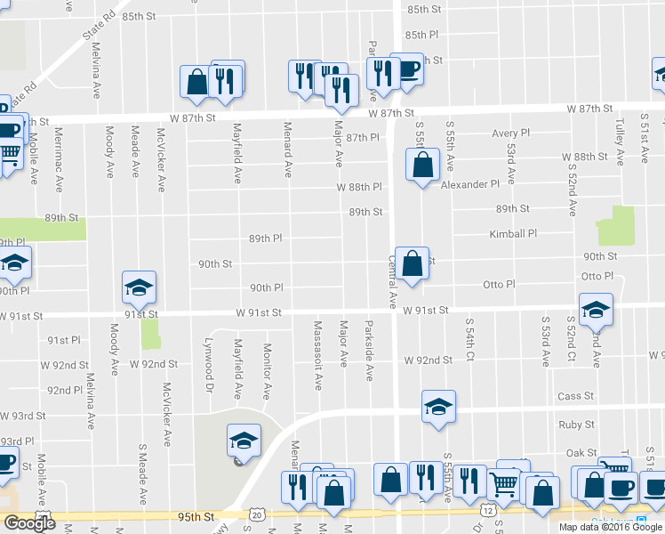 map of restaurants, bars, coffee shops, grocery stores, and more near 5705 W 90th St in Oak Lawn