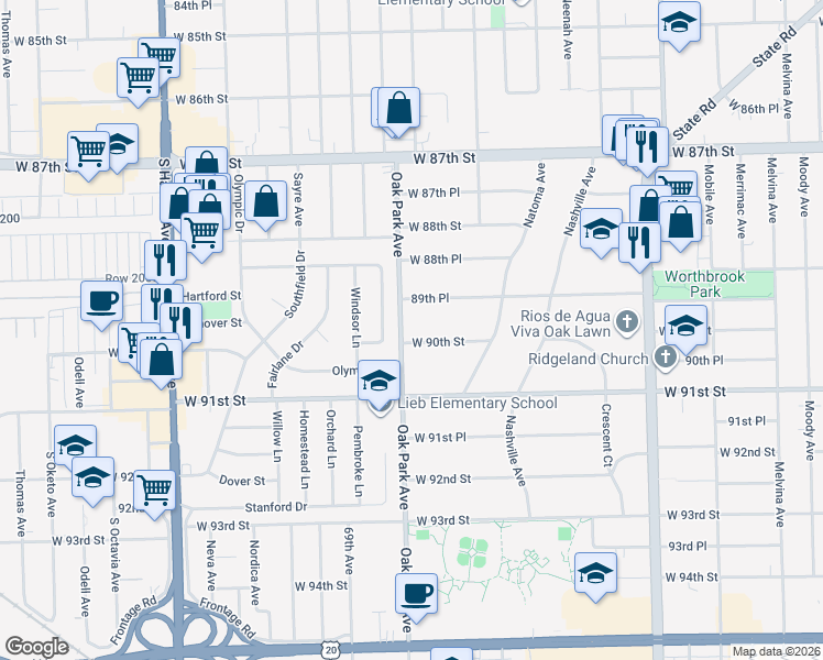 map of restaurants, bars, coffee shops, grocery stores, and more near 6724 West 90th Street in Oak Lawn