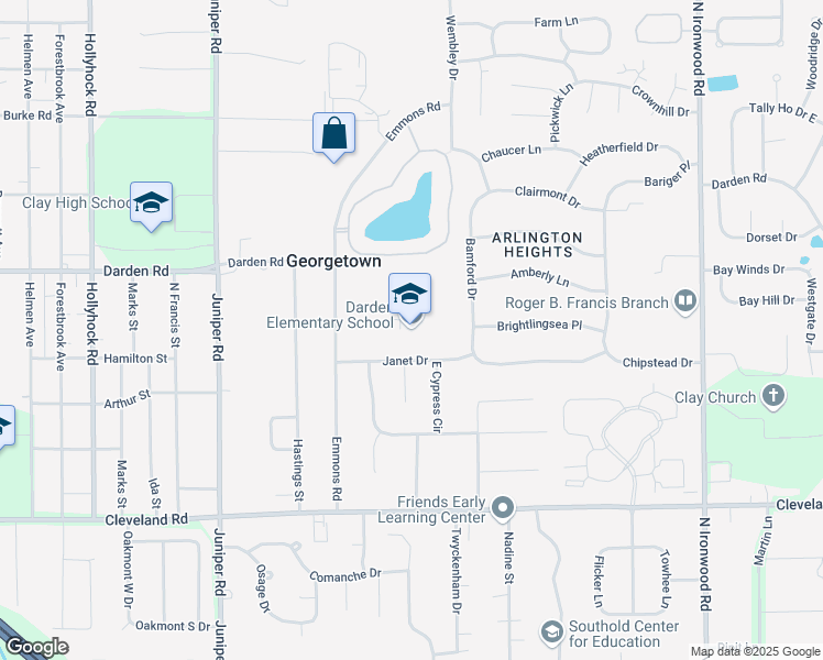 map of restaurants, bars, coffee shops, grocery stores, and more near 18645 Janet Drive in South Bend
