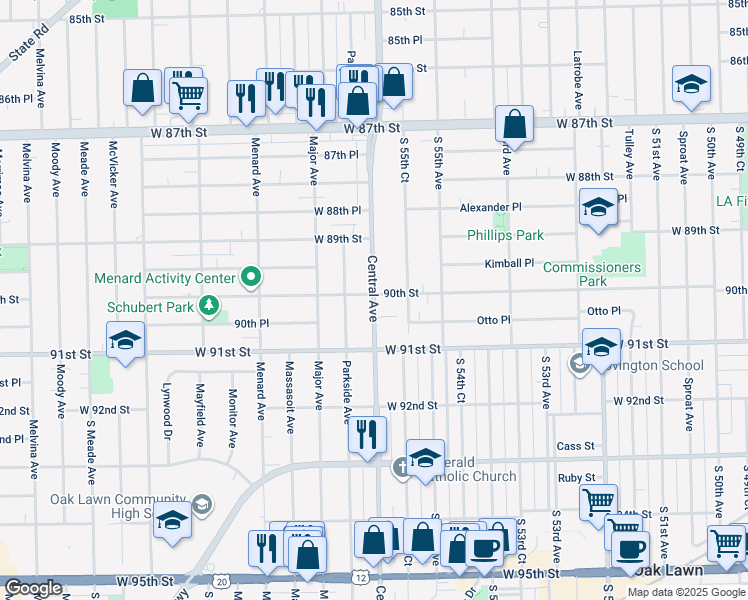 map of restaurants, bars, coffee shops, grocery stores, and more near 9007 South Central Avenue in Oak Lawn