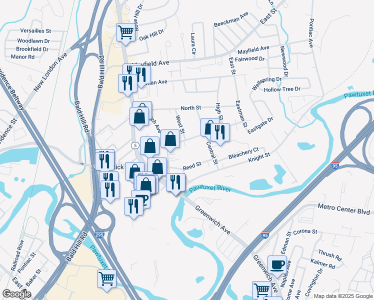 map of restaurants, bars, coffee shops, grocery stores, and more near 146 King Street in Warwick