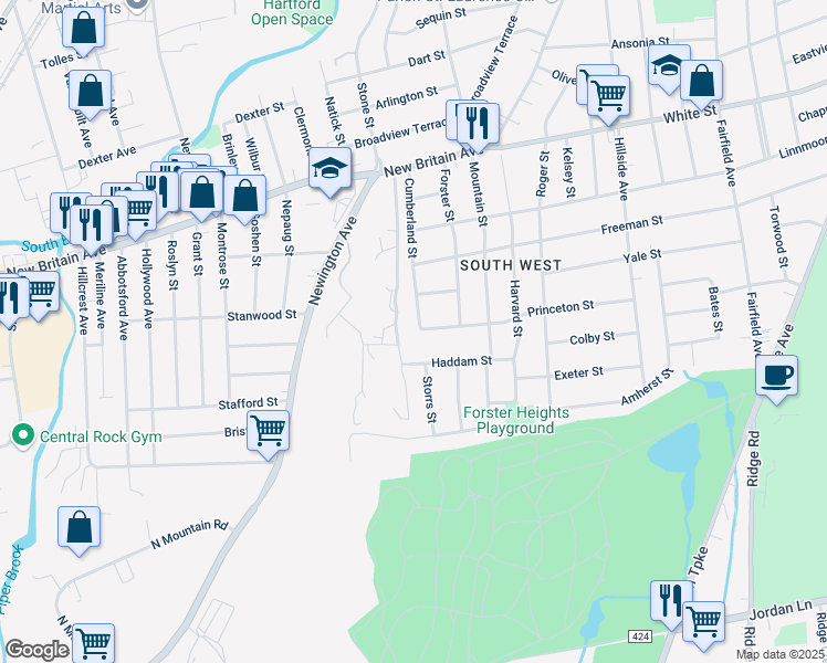 map of restaurants, bars, coffee shops, grocery stores, and more near 141 Cumberland Street in Hartford
