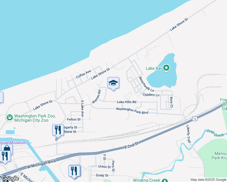 map of restaurants, bars, coffee shops, grocery stores, and more near 201 Ferguson Road in Michigan City