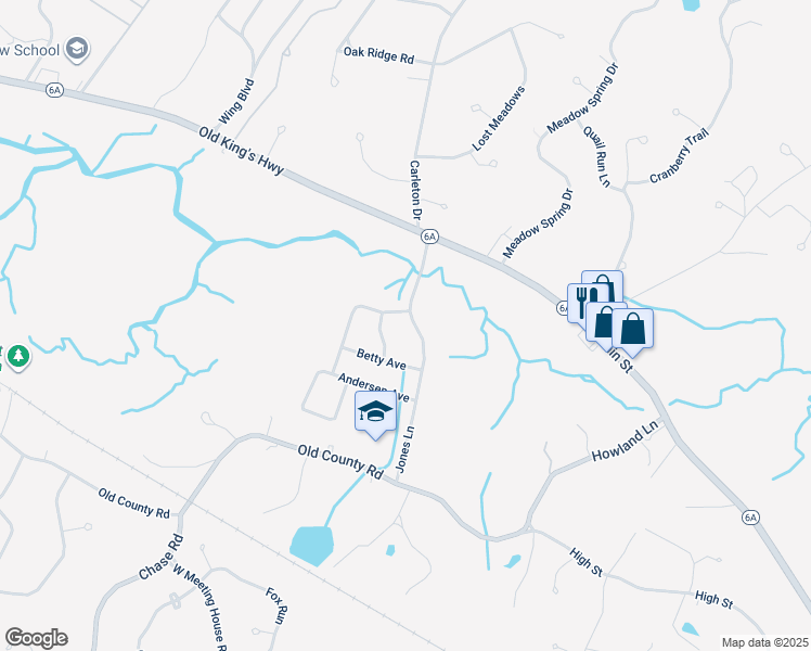 map of restaurants, bars, coffee shops, grocery stores, and more near 39 Jones Lane in Sandwich