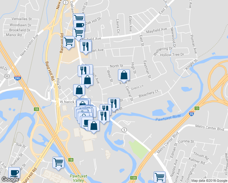 map of restaurants, bars, coffee shops, grocery stores, and more near 146 King Street in Warwick