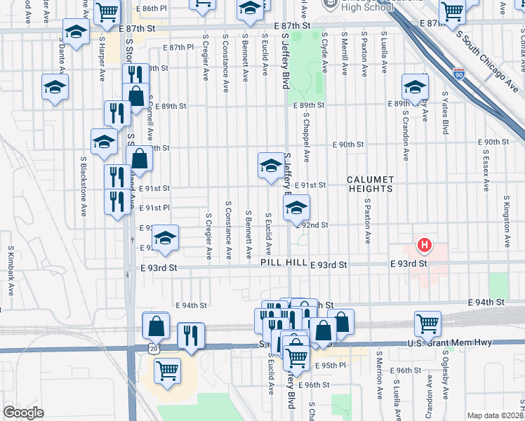 map of restaurants, bars, coffee shops, grocery stores, and more near 9143 South Bennett Avenue in Chicago