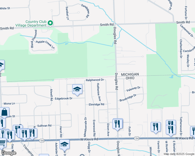 map of restaurants, bars, coffee shops, grocery stores, and more near 2640 Ralphwood Dr in Toledo