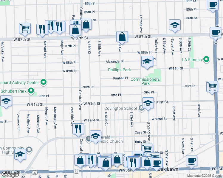 map of restaurants, bars, coffee shops, grocery stores, and more near 5377 West 90th Street in Oak Lawn