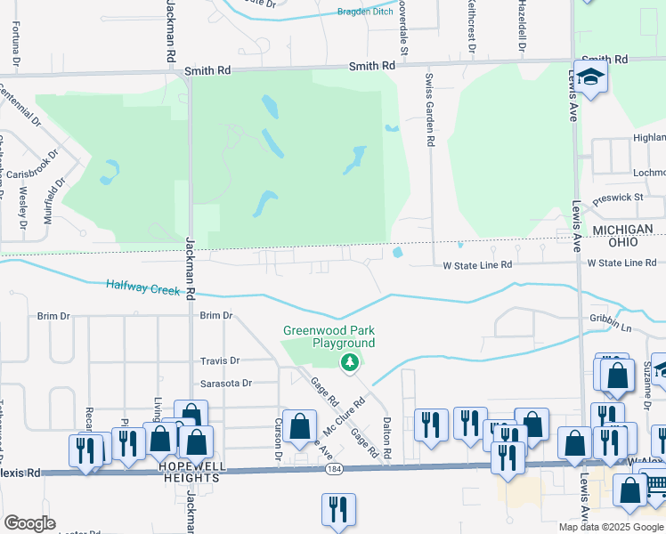 map of restaurants, bars, coffee shops, grocery stores, and more near 1411 Brooke Park Drive in Toledo