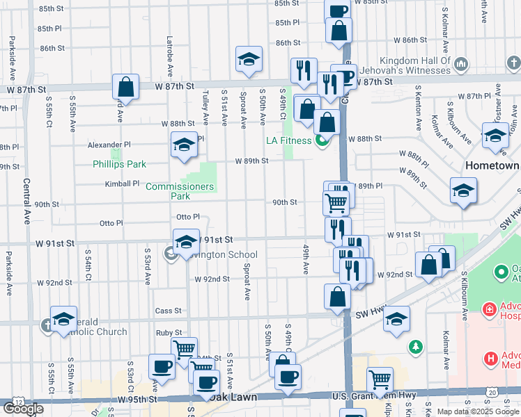 map of restaurants, bars, coffee shops, grocery stores, and more near 9008 South 50th Avenue in Oak Lawn
