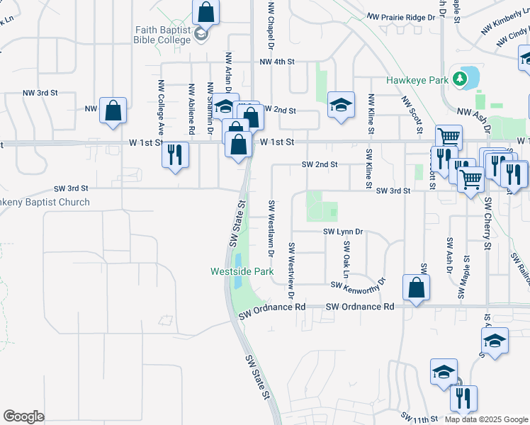 map of restaurants, bars, coffee shops, grocery stores, and more near 1516 Southwest 4th Street in Ankeny