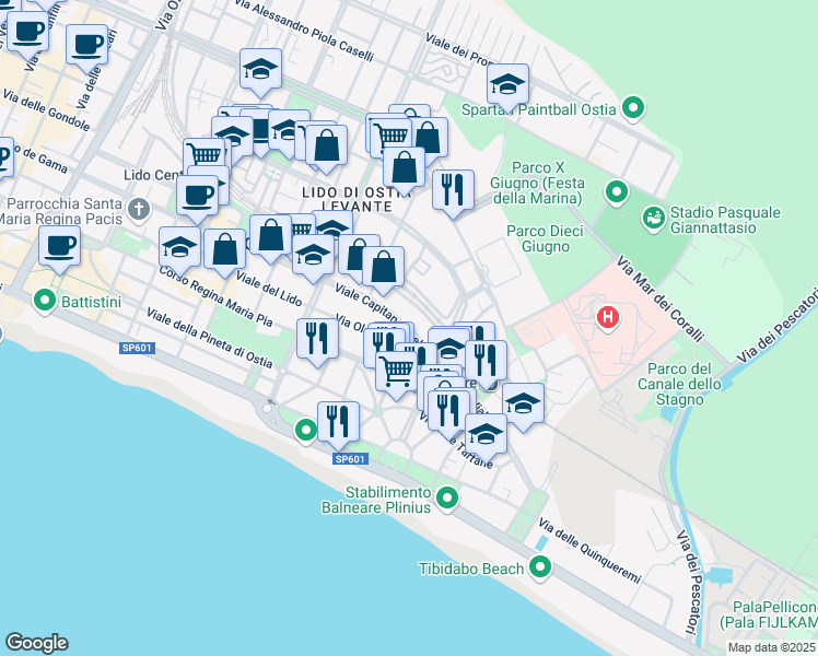 map of restaurants, bars, coffee shops, grocery stores, and more near 55 Viale Capitan Casella in Ostia (Rome)