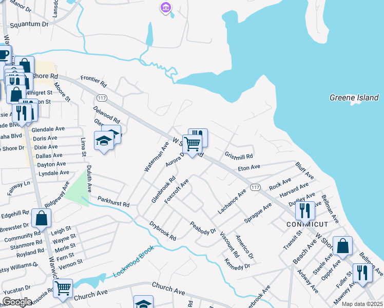map of restaurants, bars, coffee shops, grocery stores, and more near 437 West Shore Road in Warwick
