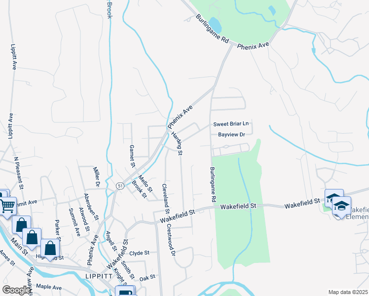 map of restaurants, bars, coffee shops, grocery stores, and more near 121 Harding St in West Warwick