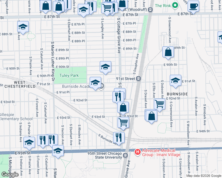 map of restaurants, bars, coffee shops, grocery stores, and more near 724 East 91st Place in Chicago