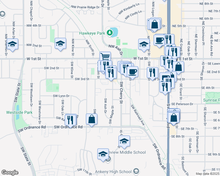map of restaurants, bars, coffee shops, grocery stores, and more near 704 Southwest 4th Street in Ankeny